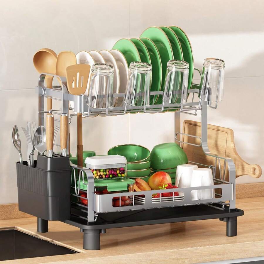 2 Tier Dish Drying Rack For Kitchen Counter, Large Dish Dryer Rack For Saving Space, Stainless Steel Dish Drainers With Cutlery Holder And Cup Rack, Grey - 灰色 - 查看 1