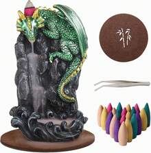 Dragon Backflow Incense Holder Waterfall Incense Burner, With 100 Backflow Incense Cones,1 Mat,1 Tweezers,Dragon Statues,Aromatherapy Ornamental For Home Office Yoga (Green Dragon) - Lime Green - View 1