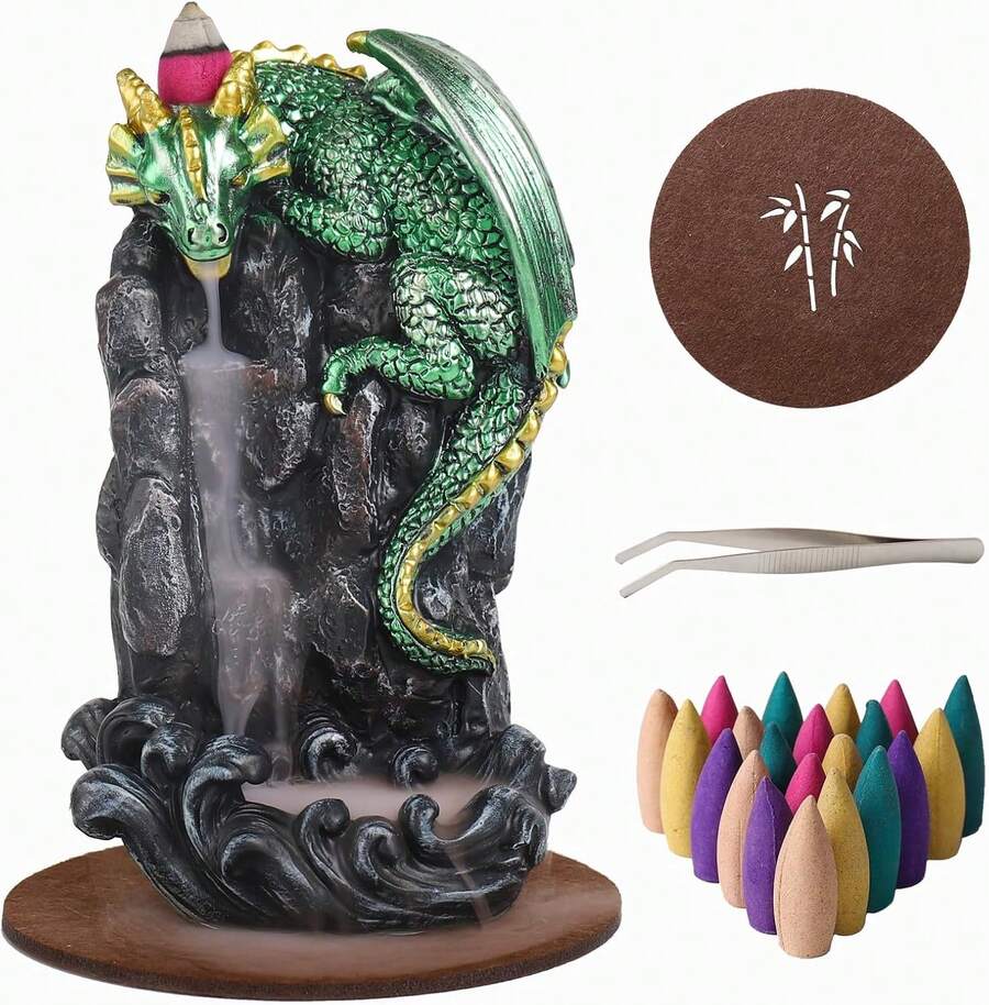 Dragon Backflow Incense Holder Waterfall Incense Burner, With 100 Backflow Incense Cones,1 Mat,1 Tweezers,Dragon Statues,Aromatherapy Ornamental For Home Office Yoga (Green Dragon) - Lime Green - View 1