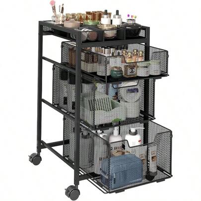 Rolling Makeup Cart Organizer With 3 Drawers Cosmetics Display With Dividers Floor Skincare Storage With Wheels Versatile Vanity Organizer For Nail Polish Perfume Brush Hair Tool Black