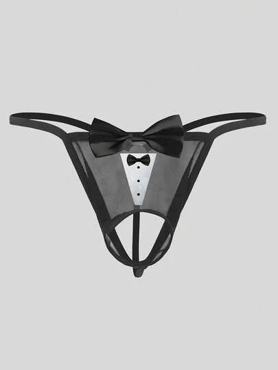 Men's Sexy Thong With Unique Bow Print Pattern And Hollow Out Mesh Bow Decor Underwear