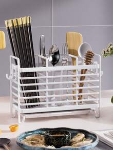 1 Pc 2/3 Grid Stainless Steel Chopstick Holder, Cutlery Drain Rack, Cutlery Storage Rack, Home Storage Organizer For Home, Dormitory With Drain Tray, Kitchen Accessories - Multicolor - View 10