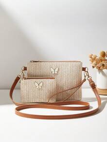 Conjunto de 2 piezas: Bolso de hombro de paja con estilo nuevo, bolso bandolera, cartera de embrague y monedero para mujeres - Marrón - Ver 2
