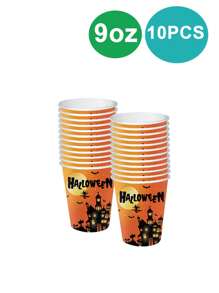 10 قطعة من لوازم حفلة هالوين، أطباق وأكواب ومناديل ورقية، أواني أكل قابلة للتخلص منها ، لديكورات هالوين بقوالب اليقطين البرتقالية والأشباح ، لأعياد الميلاد و حفلات هالوين