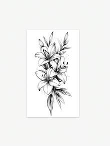 1张黑色墨水优雅线条艺术逼真百合花临时纹身贴纸，适用于派对、婚礼和特殊活动，花卉灵感设计纹身贴纸，素描风格 - 黑色 - 查看 5