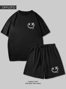 Men's Casual Summer Set - X-Print T-Shirt And Shorts, Suitable For Daily Wear Men's Streetwear Set - Black T-Shirt And Shorts With Cool X-Print - Black - View 1