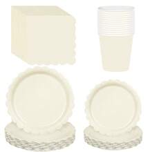 10 件/20 件/50 件/套，象牙色纸盘 7 英寸象牙色扇贝形盘子，米色纸盘扇贝形甜点盘一次性米色蛋糕纸盘，杯子和餐巾，派对用品米色扇形盘子餐巾杯，新生儿洗澡生日派对婚礼新娘派对用品 - 彩色 - 查看 1