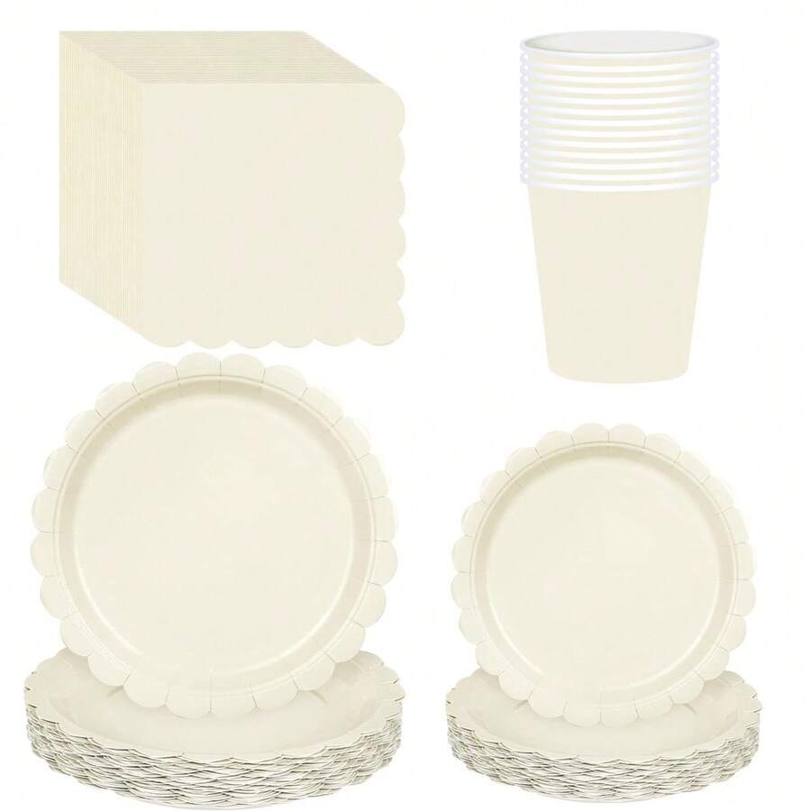 10 件/20 件/50 件/套，象牙色纸盘 7 英寸象牙色扇贝形盘子，米色纸盘扇贝形甜点盘一次性米色蛋糕纸盘，杯子和餐巾，派对用品米色扇形盘子餐巾杯，新生儿洗澡生日派对婚礼新娘派对用品 - 彩色 - 查看 1