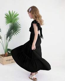 Girls Summer Dresses Tween Tie Back Ruffle Sleeve S Swing Flowy Casual Beach Maxi Dress - Màu Hồng Tươi - Xem 3