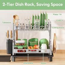 2 Tier Dish Drying Rack For Kitchen Counter, Large Dish Dryer Rack For Saving Space, Stainless Steel Dish Drainers With Cutlery Holder And Cup Rack, Grey - 灰色 - 查看 2
