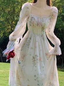 Square Neck Chiffon Floral Print Long Dress With Lantern Sleeves, Elegant Ruffle Hem, Long Sleeve French Dresses