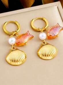 1 Pair Of Gold-Plated Cartoon Stainless Steel Small Fish Accessory Pendant Long Hanging Scallop Women's Earrings