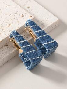 1 Pair Vintage Western Cowboy Style Woven Square Geometric Hoop Earrings, Suitable For Women's Casual/Party Wear - Light Blue - View 2