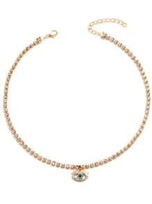 1pc Versatile Vintage Fully Rhinestone Tennis Chain, Crown & Evil Eye Pendant Necklace, Suitable For Men & Women Daily Wear & Elegant Gift