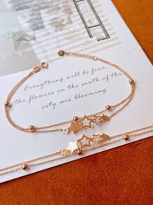 1 pieza Pulsera de cadena de doble capa con estrella de cinco puntas de zirconia cúbica elegante de plata esterlina S925 original, adecuada para uso diario, festivales, fiestas, regalo de joyas para mujeres