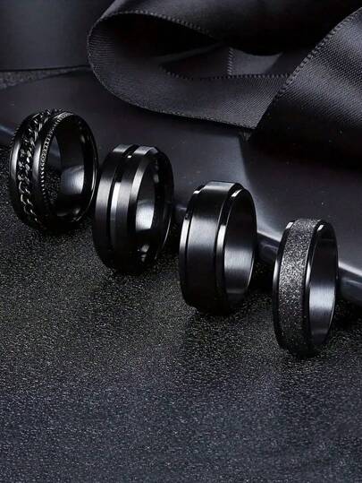 4pcs/Set Black Embossed Design Rings, Suitable For Daily Wear
