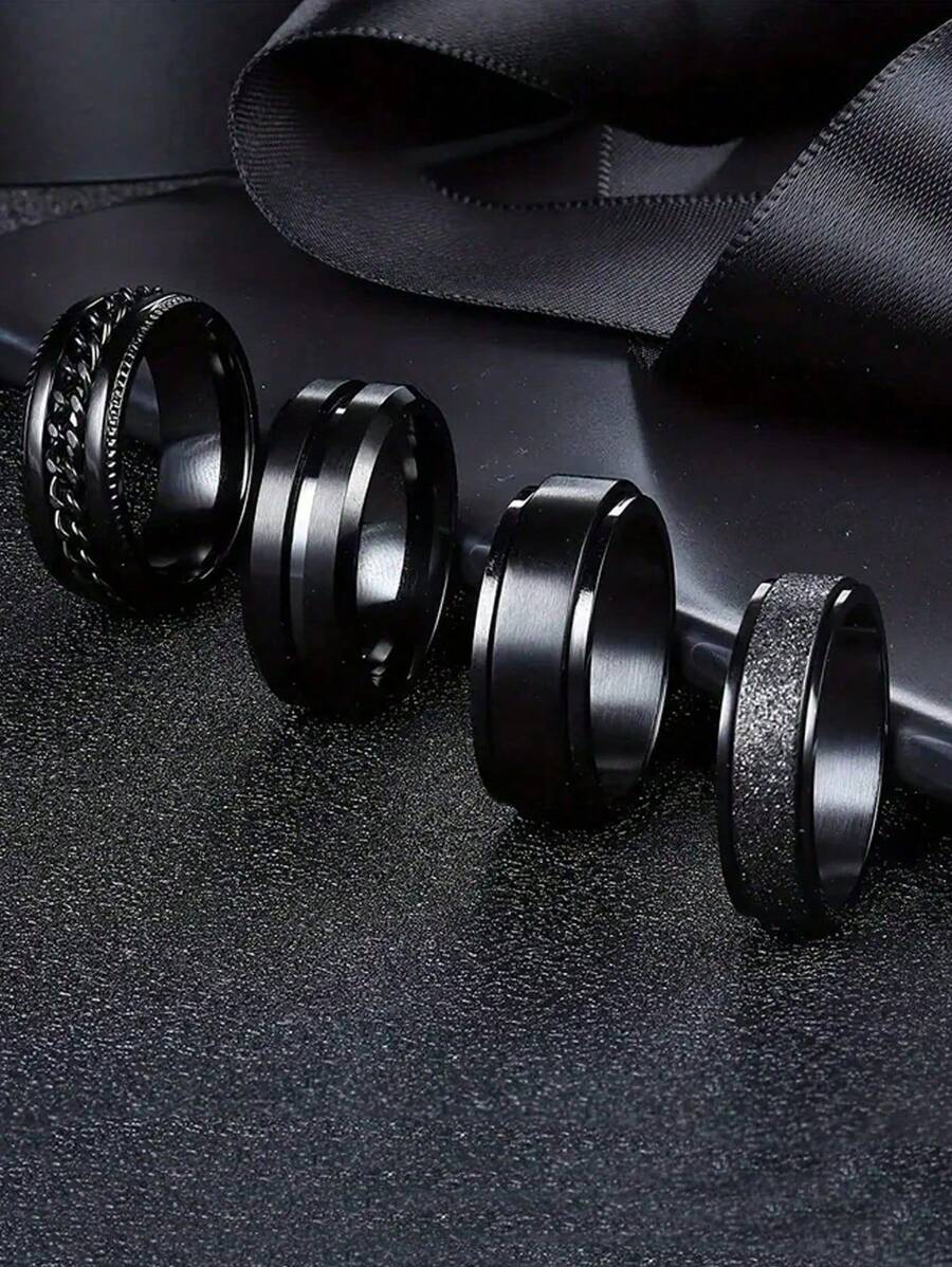 4pcs/Set Black Embossed Design Rings, Suitable For Daily Wear