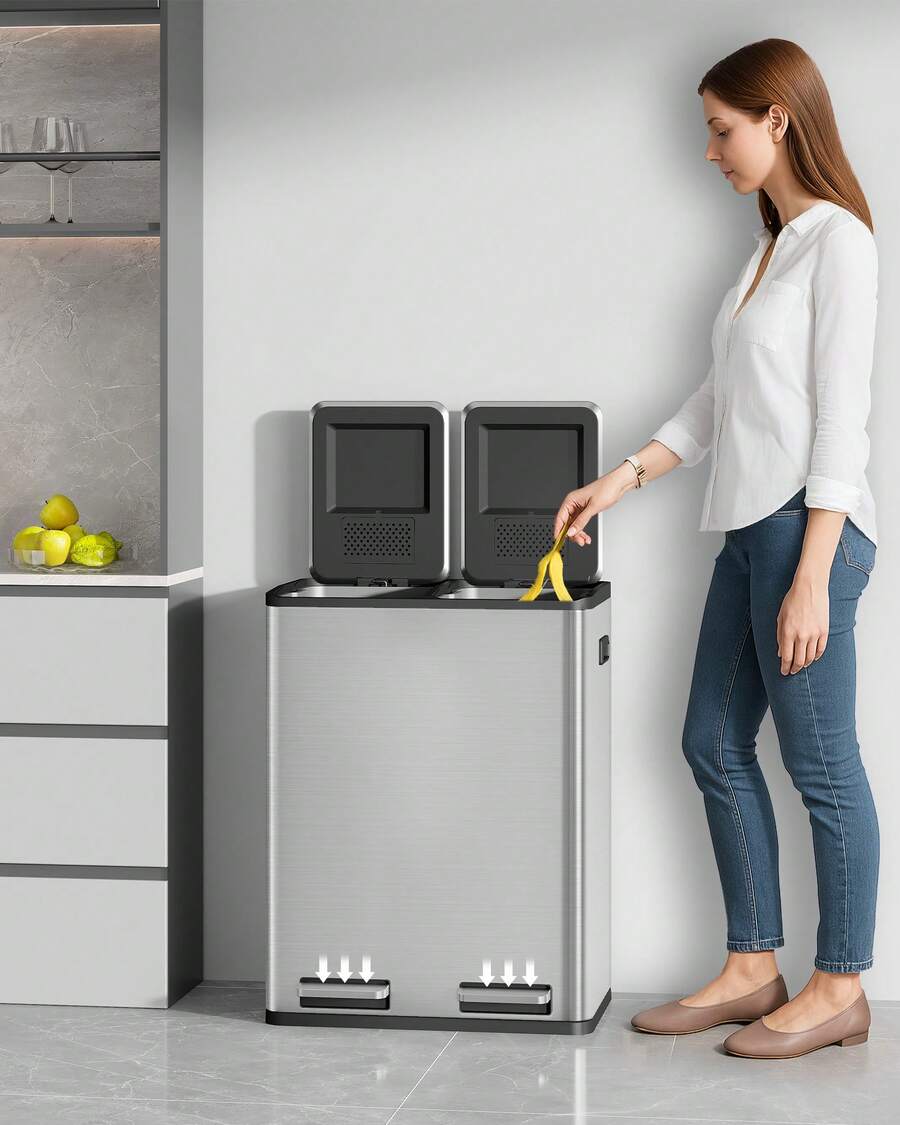 HaluPeit Kitchen Trash Can, Waste Separation System 2 Compartments 60L (2 X 30L), Stainless Steel Kitchen Trash Can, Pedal Bin, Waste Bin Quiet Slow Descent, With 15 Exclusive Waste Bags, Silver - Bạc - Xem 1