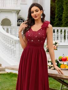 MIUSOL 亮片花卉蕾丝心形领口无袖荷叶边雪纺开衩长款正式派对礼服、晚礼服、优雅舞会礼服、婚礼宾客礼服、毕业典礼、宴会、夏季假日 - 紅色 - 查看 10