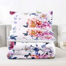 Purple Pink Floral Comforter Set: Twin Size Pretty Botanical Bed Set With Pink Flower Quilt