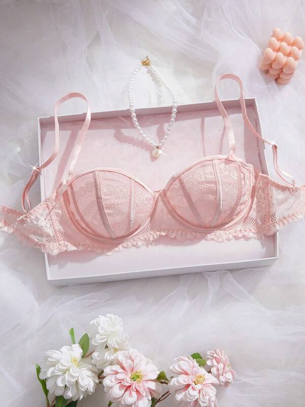 1 szt. Francuski różowy ultracienki seksowny usztywniany przezroczysty koronkowy komplet bielizny na fiszbinach