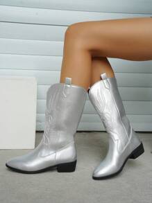 女士新款美式复古刺绣皮革尖头西部靴，个性时尚银色皮革酷炫时尚高筒靴，高跟粗跟骑士靴，时尚朋克风切尔西靴 - 銀色 - 查看 3