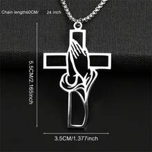 男士不锈钢十字架吊坠项链，宗教祈祷珠宝饰品，信仰启发的礼物，银灰色，无磁性 - 銀色 - 查看 2
