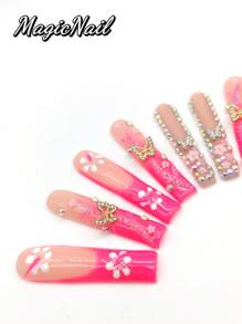 10 Pieces Of Pure Hand-Pressed Wearing Nail, Press On Nails,55mm Long Nail Pieces, Flesh-Colored Red Contrast, Hand-Painted White Flowers, 3D Gold Butterfly Ornaments, 3D Pink Small Flower Embellishment, Red Glitter Pink Drawing Lines, Glitter Diamond Embellishment. Spring And Summer Style, Cute Nail Plate, Can Be Reused.