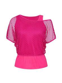 2pcs Women's Set: Neon Fuchsia Casual Fashionable Vacation Off-Shoulder Fishnet Cover-Up T-Shirt + Camisole, Spring/Summer - Hot Pink - View 4