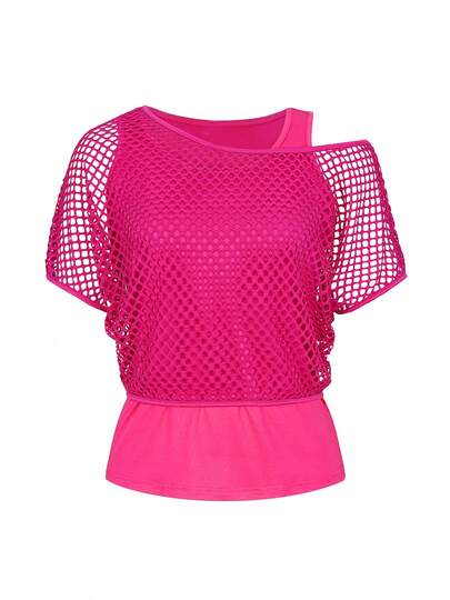 2pcs Women's Set: Neon Fuchsia Casual Fashionable Vacation Off-Shoulder Fishnet Cover-Up T-Shirt + Camisole, Spring/Summer