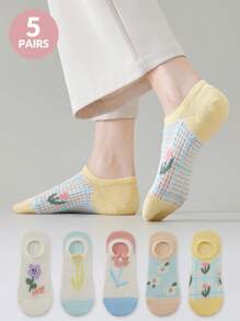 5 Pairs Of Women's Socks, Playful Floral Cute Candy Color Women's Short Socks Ankle Socks, Daily Casual Wear