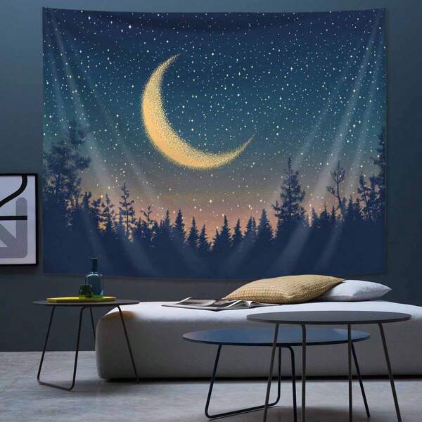 1pc Starry Moon Tapestry Wall Hanging - Forest Night Sky Moon Starry Pattern Decoration For Holiday Celebrations, Living Room, Nursery Or Holiday Party Background, Large Size Decorative Tapestry For Living Room, Bedroom, Office, Party Background Decoration, Family Room Decoration, Holiday Gift, Easy To Install