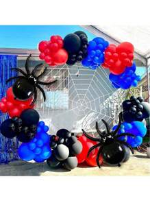 112 قطعة مجموعة كاملة لقوس بالونات بموضوع العنكبوت الأسود، تشمل بالونات فويل على شكل عنكبوت + بالونات لاتكس سوداء وحمراء وزرقاء، مناسبة لحفلات عيد الميلاد/حفلات موضوع البطل الخارق/ديكور هالوين