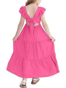 Girls Summer Dresses Tween Tie Back Ruffle Sleeve S Swing Flowy Casual Beach Maxi Dress - Màu Hồng Tươi - Xem 1