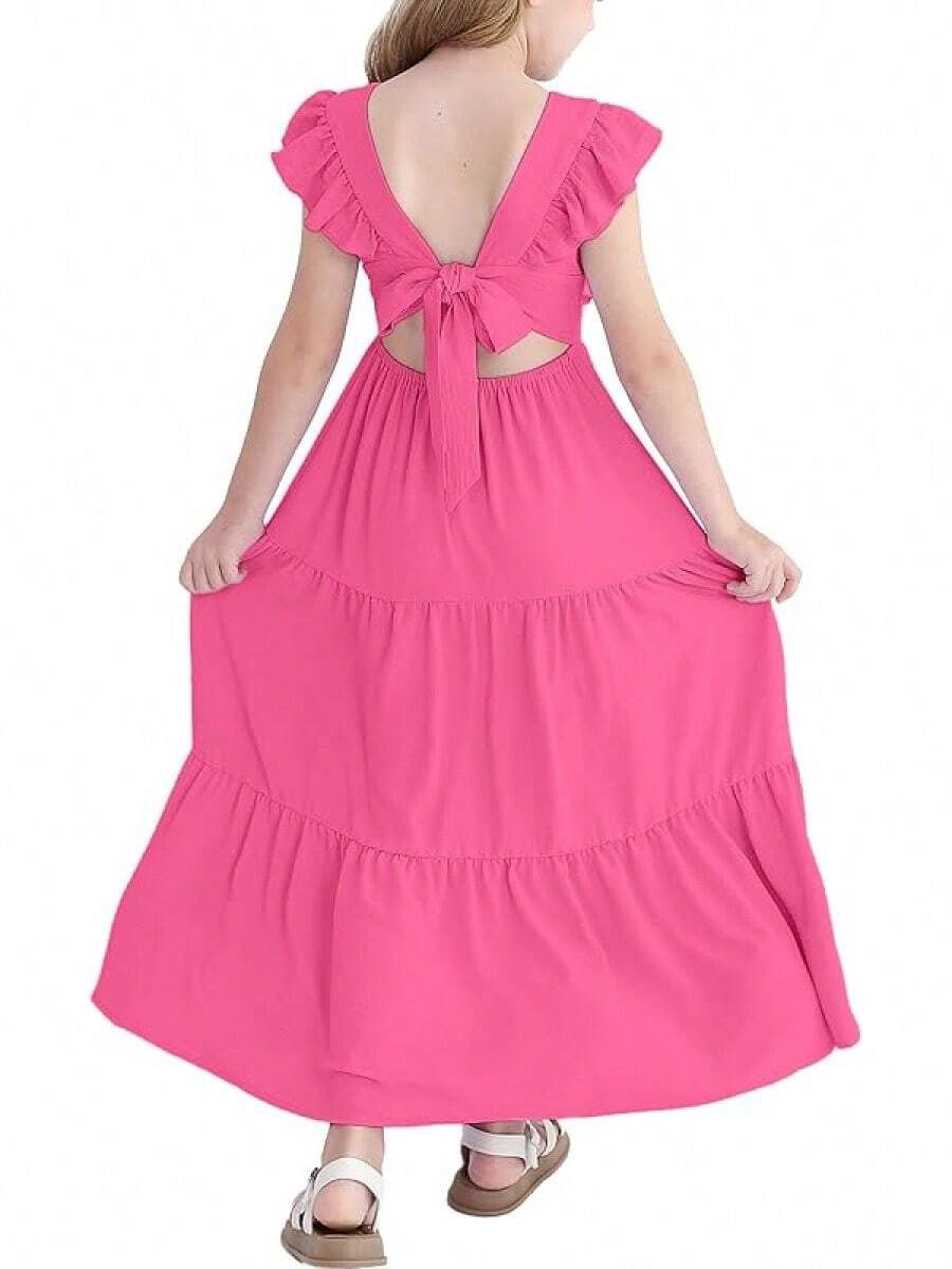 Girls Summer Dresses Tween Tie Back Ruffle Sleeve S Swing Flowy Casual Beach Maxi Dress - Màu Hồng Tươi - Xem 1