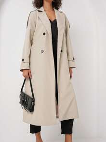 Women's Solid Color Casual Front Buttoned Pocket Long Trench Coat - Beige - View 4