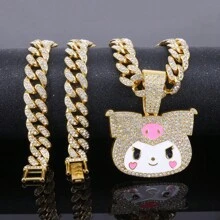 Sanrio 1 szt. Sanrio Hello Kitty Kuromi Cartoon Shiny Full Of Rhinestones Hip Hop Cool Trójwymiarowy Naszyjnik Wisiorek Hello Kitty Biżuteria, Prezent Słodki Kot Fashionista Kubański Naszyjnik Łańcuchowy