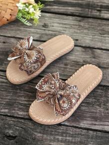 Sandalias planas de mujer con estampado floral y lazo en estilo bohemio, versátiles sandalias de verano con moño boho