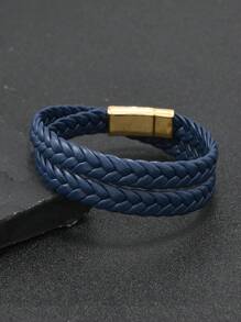 Pulseira de couro trançado multicamadas, acessório minimalista e personalizado com fecho magnético para casais, adequada para uso diário e presente