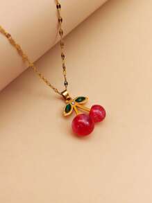 1 pièce Pendentif en acier inoxydable avec cerise rouge et zirconium, collier simple et polyvalent, cadeau pour femme