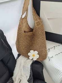 Yogodlns Bolso de hombro de paja de moda para mujer, bolso tejido femenino de gran capacidad, bolso de playa de paja de verano, bolso casual de mano, bolso de compra hecho a mano de ganchillo, bolso de hombro de verano de mujer con tejido hueco de gran capacidad, bolso de playa de malla, bolso de mano