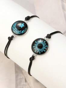2pcs Glow In The Dark Luminous Couple Bracelets, Best Friends Romantic Gift, Sun Moon Star Wax Rope Bracelet, Suitable For Daily, Date, Party Wear
