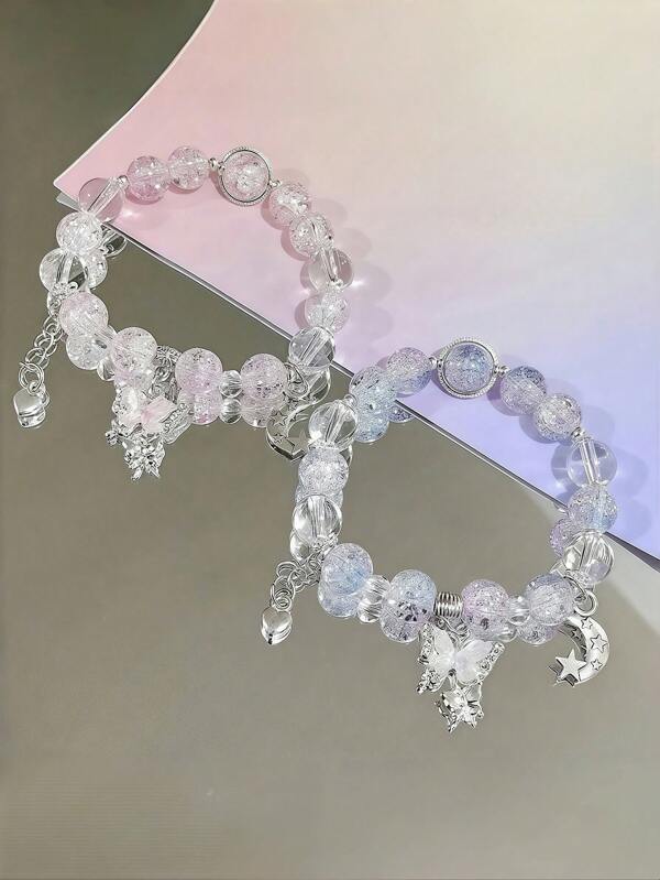 1 pieza Pulsera con cuentas con diseño de luna y estrella, pulsera con colgante de mariposa con amor en una variedad de colores disponibles. Pulsera elegante y dulce con cuentas de luna y estrella, pulsera hecha a mano con cuentas, adecuada para uso diario de hombres y mujeres, así como para fiestas y citas. Regalo perfecto para amigos y familiares