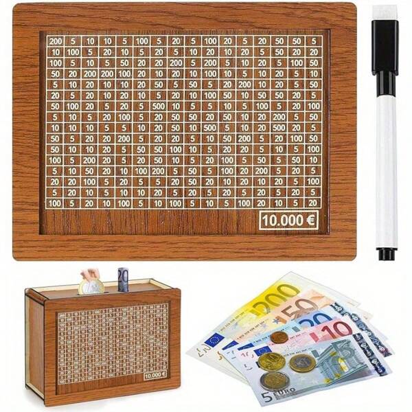 Boîte de défi financier pour économiser 10 000 $ en bois, Nouvel An 2025 - Tirelire pour adultes à partir de 14 ans - Rangement pour espèces et pièces de monnaie pour atteindre ses objectifs financiers, convient aux défis de couple et aux plans de voyage. 1 pièce de tirelire compacte portable en bois avec compteur numérique
