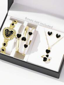 7 pièces Ensemble de bijoux femme comprenant : montre à quartz avec boîtier forme cœur et chiffres arabes, bracelet, collier, boucles d'oreilles et bague. Doré, mode et magnifique. Convient pour le port quotidien, la décoration ou en cadeau pour les fêtes.