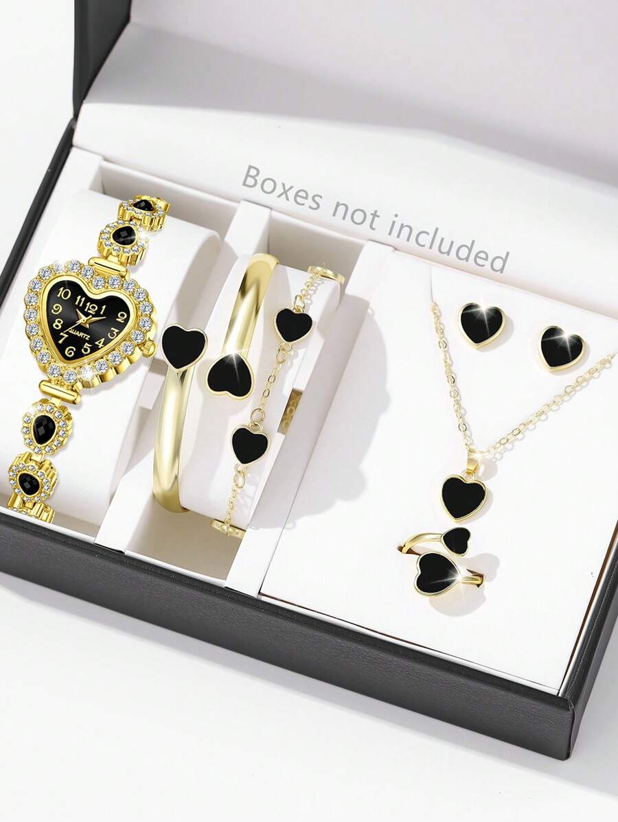 7 pièces Ensemble de bijoux femme comprenant : montre à quartz avec boîtier forme cœur et chiffres arabes, bracelet, collier, boucles d'oreilles et bague. Doré, mode et magnifique. Convient pour le port quotidien, la décoration ou en cadeau pour les fêtes.