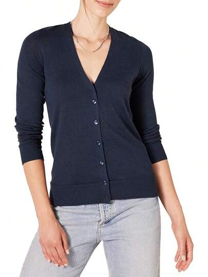 Suéter ligero de manga larga con cuello en V para mujer, ajuste clásico, moda 2025