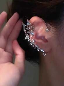 1 件时尚优雅无耳垂蝴蝶水晶水钻耳环，银色，奢华百搭设计