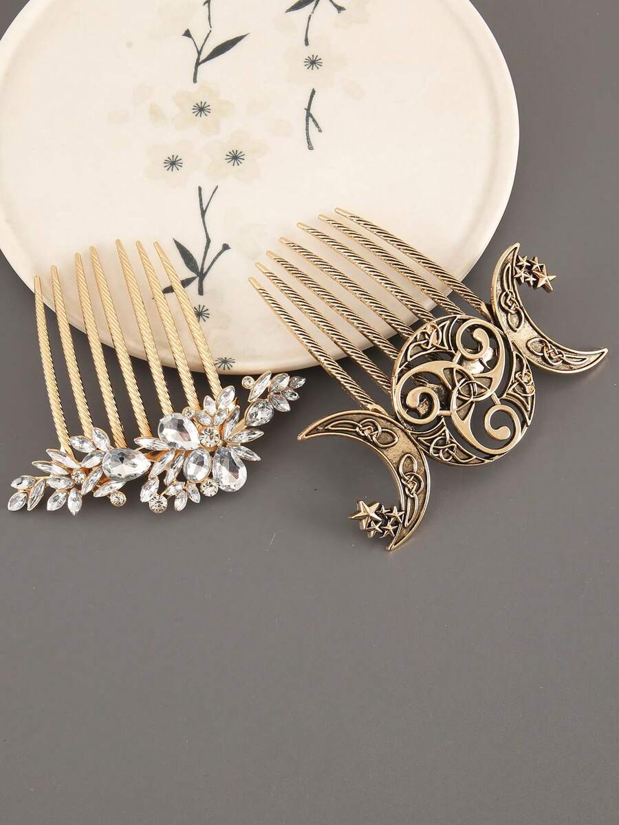 1 件超大月亮和太阳水钻波西米亚风格锌合金发梳，适合所有季节、发饰、发饰、婚礼、梳子、侧梳 - 彩色 - 查看 1