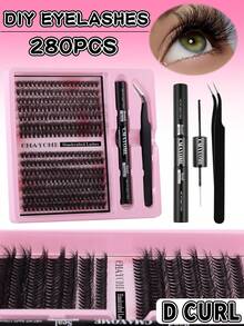 280 Clusters DIY Eyelash Extension Kit - Fluffy Russian30D+40D+50D+60D+80D+100D DD Curl, Mixed Lengths 10-16mm, 0.07mm Thickness, Waterproof Faux Mink Lashes With Tweezers & Bond/Seal Glue, Beginner-Friendly Reusable Set Lash Clusters Kit, Lashes, Eyelashes, Fake Lashes